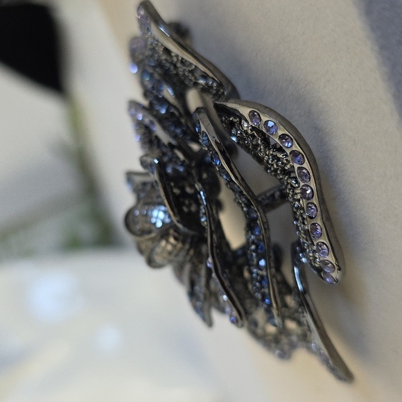 Vintage Statement Silver Blue Rhinestone Rose Flower Brooch Pin - Picture 6 of 9